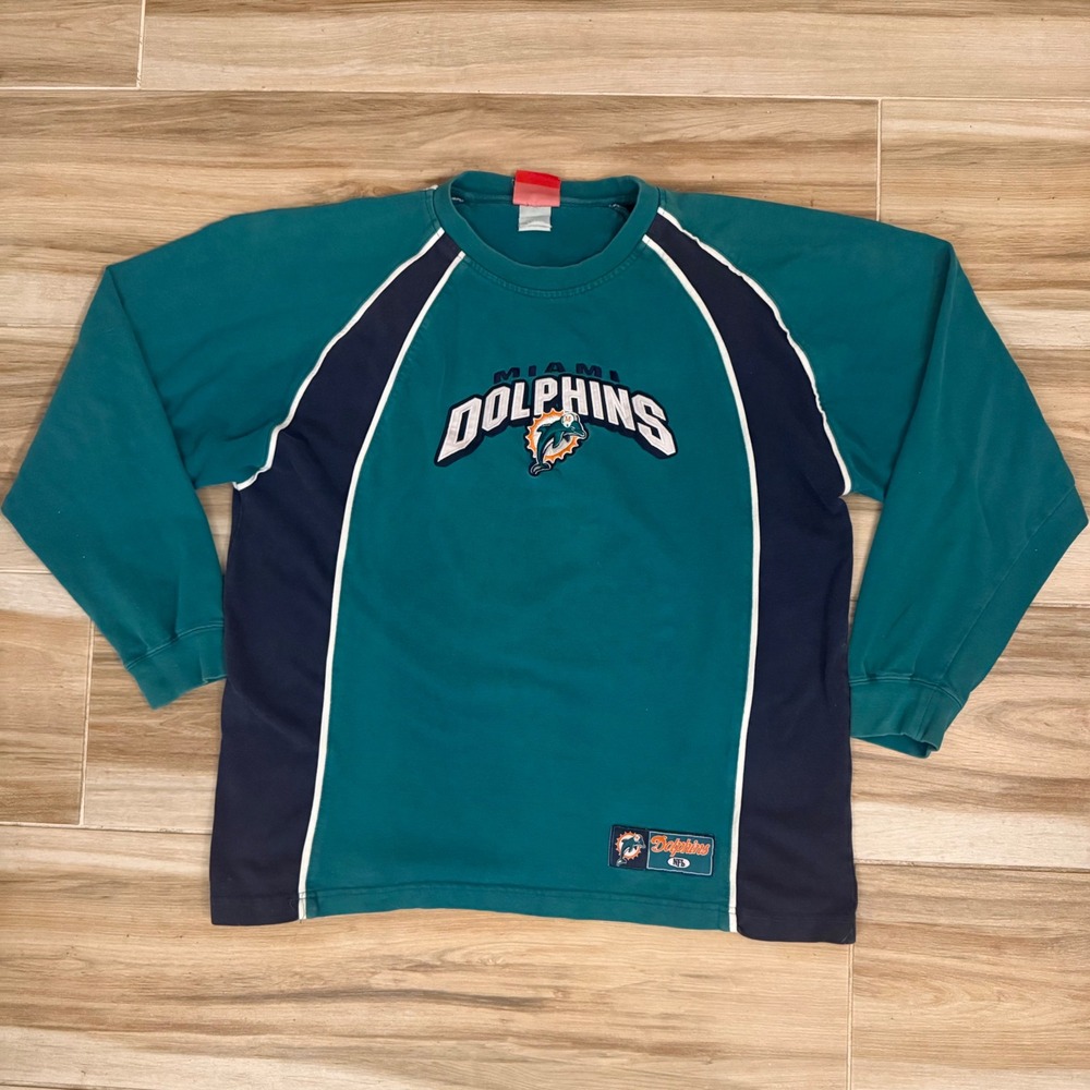 Vintage Miami Dolphins NFL Long Sleeve Shirt Aqua Navy Blue Embroidered Large
